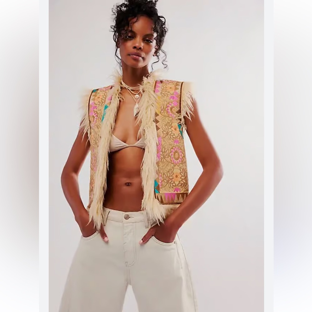 Free People Spell Rue Embroidered Vest Open Front Organic Cotton Faux Fur Multi